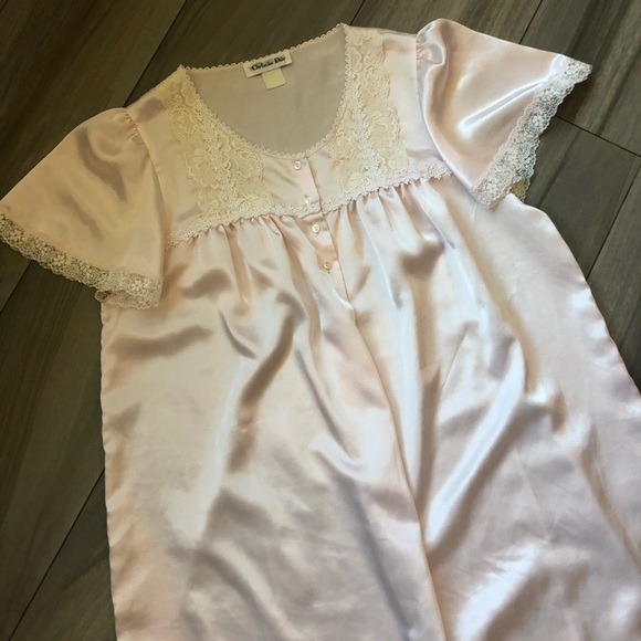 Vintage Dior Nightgown Pink Lace Cap Sleeves Round Neck Long Length Silky 48” - Picture 3 of 14